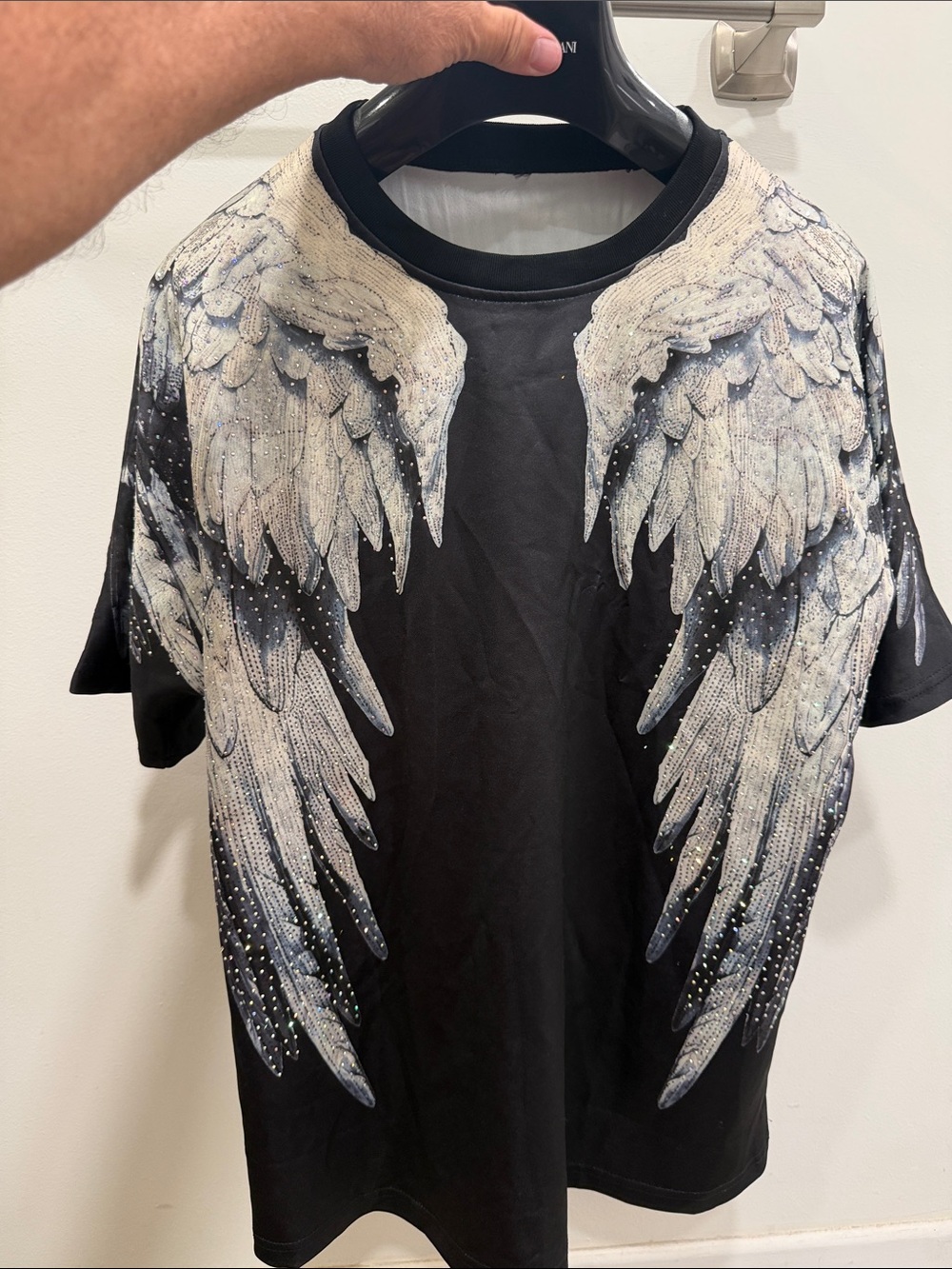 Black Short-Sleeve Tee with White Angel Wing Motif